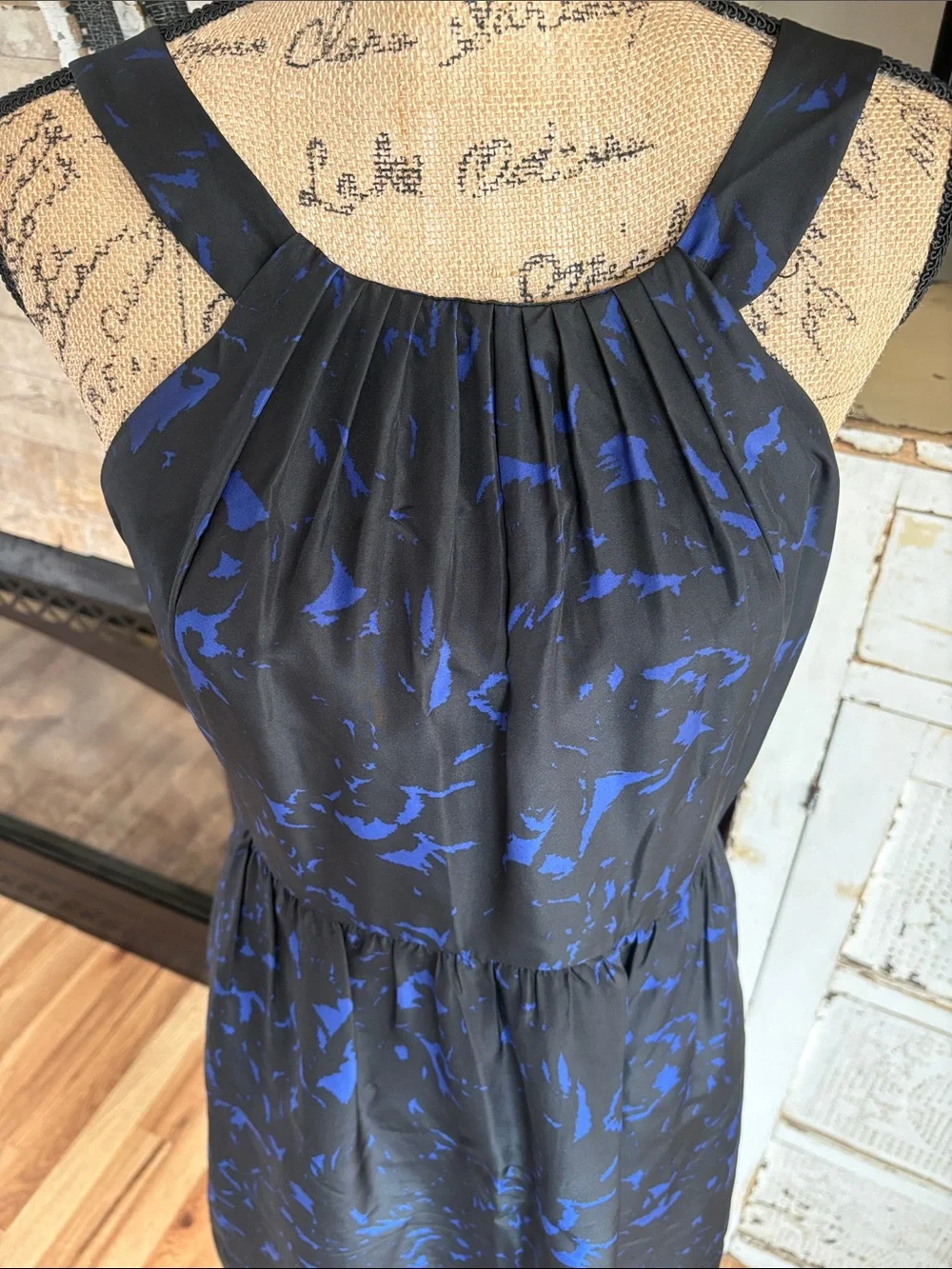J. Crew 100% silk black and blue sleeveless dress featuring gathered halter neck
